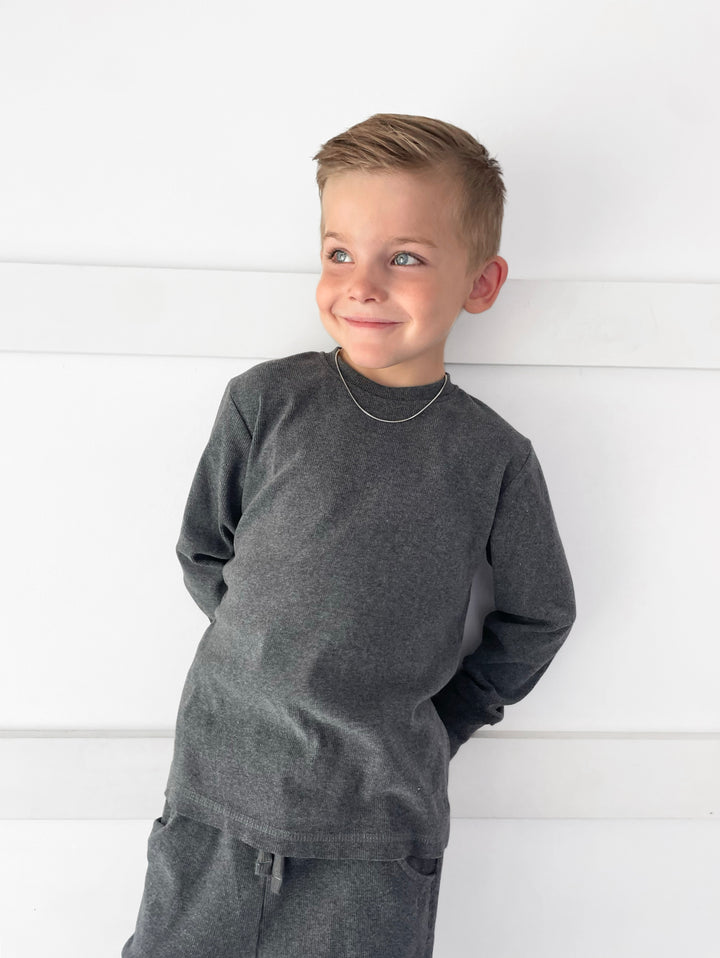 Litte Bipsy soft ribbed long sleeve tee in heathered charcoal