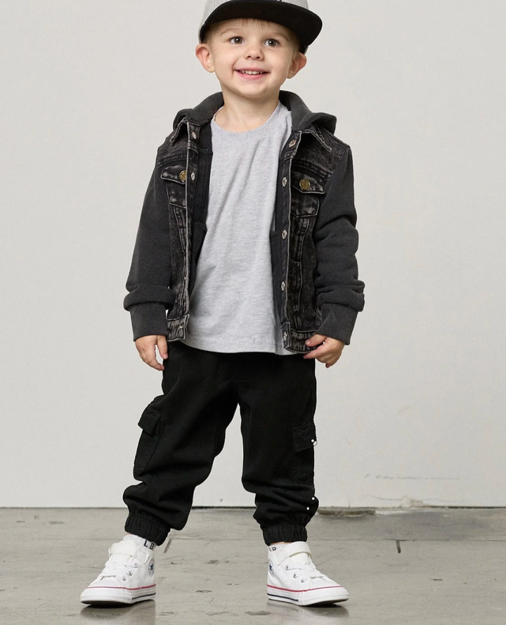 Little bipsy kids black denim jacket with fleece sleeves