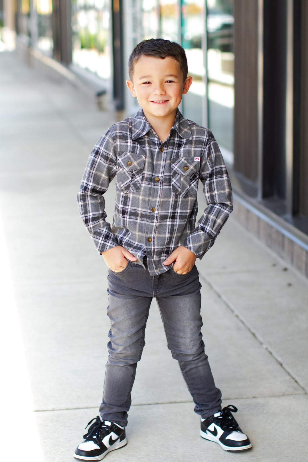 Little boys black and grey flannel shirt