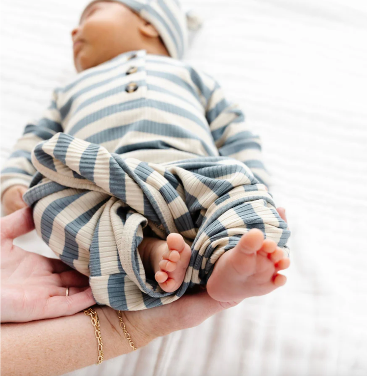 Lou Lou & Co - Infant Lincoln Ribbed Baby Knotted Gown in Blue Stripe