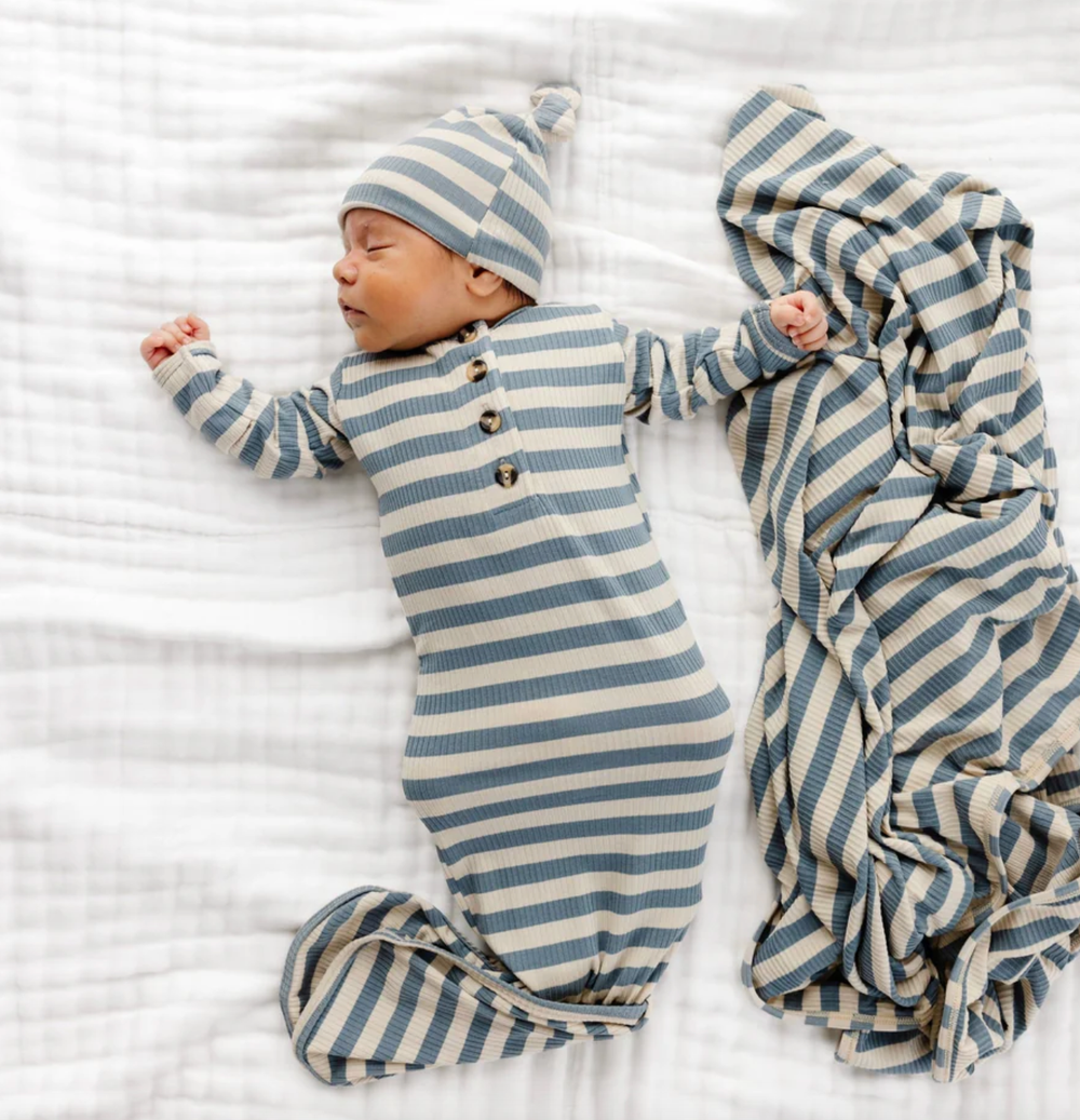 Lou Lou & Co - Infant Lincoln Ribbed Baby Knotted Gown in Blue Stripes
