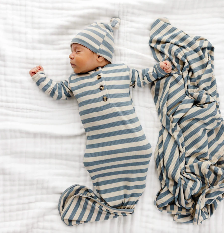 Lou Lou & Co - Infant Lincoln Ribbed Baby Knotted Gown in Blue Stripes