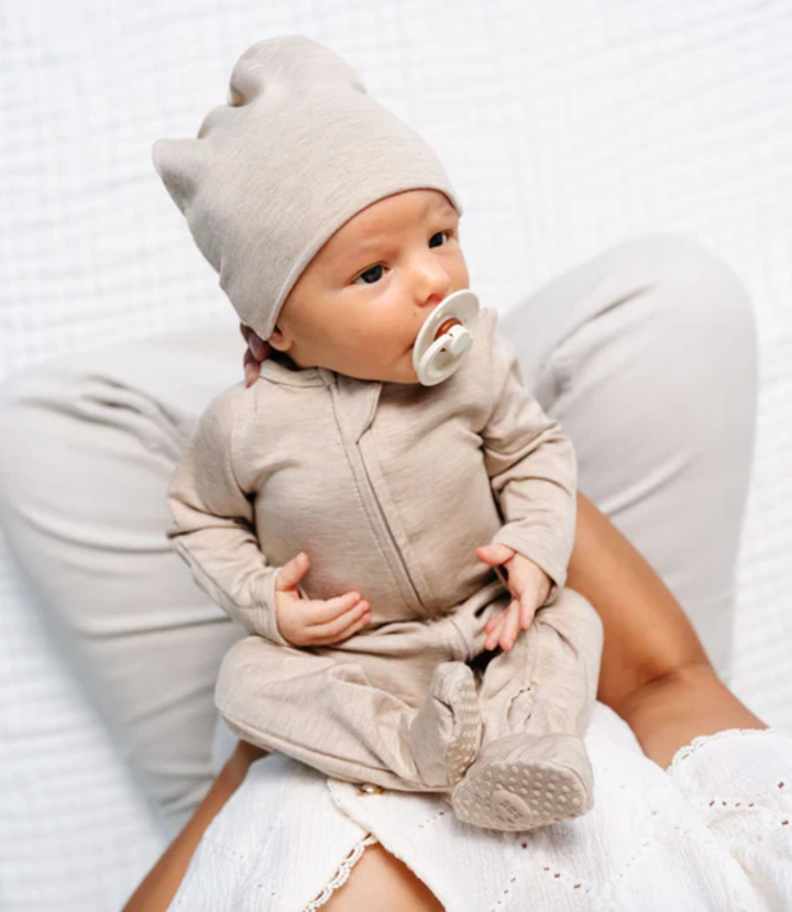 Lou Lou & Co Ryan infant zip footie sleeper in heathered wheat