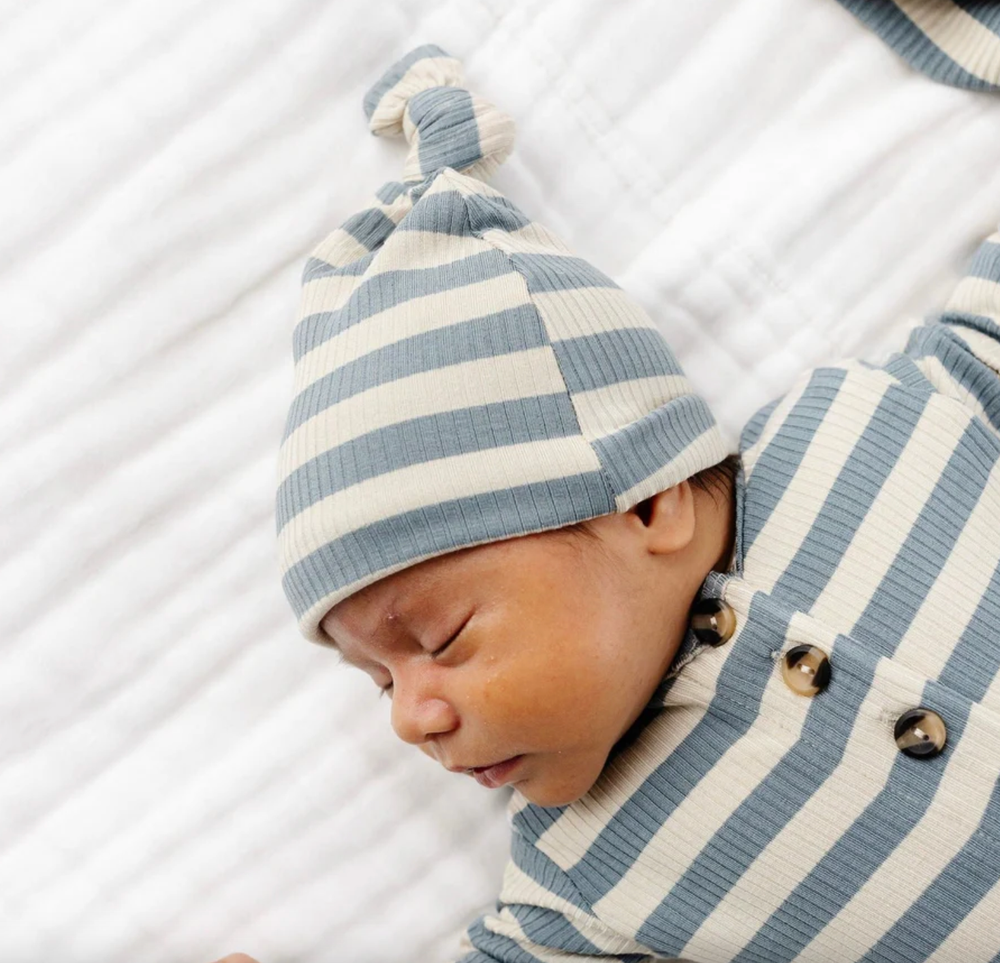 Lou Lou & Company Lincoln baby top knot hat in blue stripes