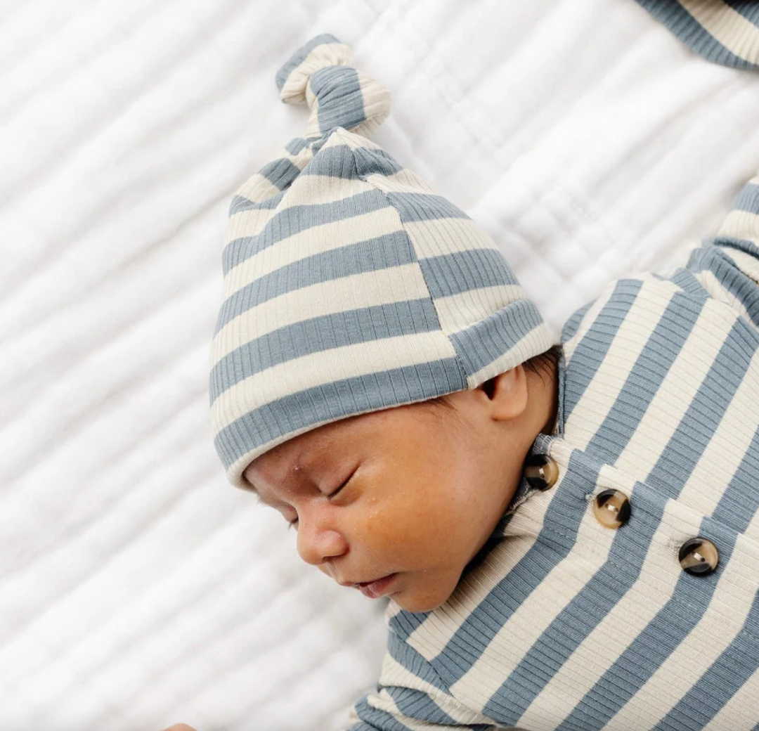 Lou Lou & Company Lincoln baby top knot hat in blue stripes