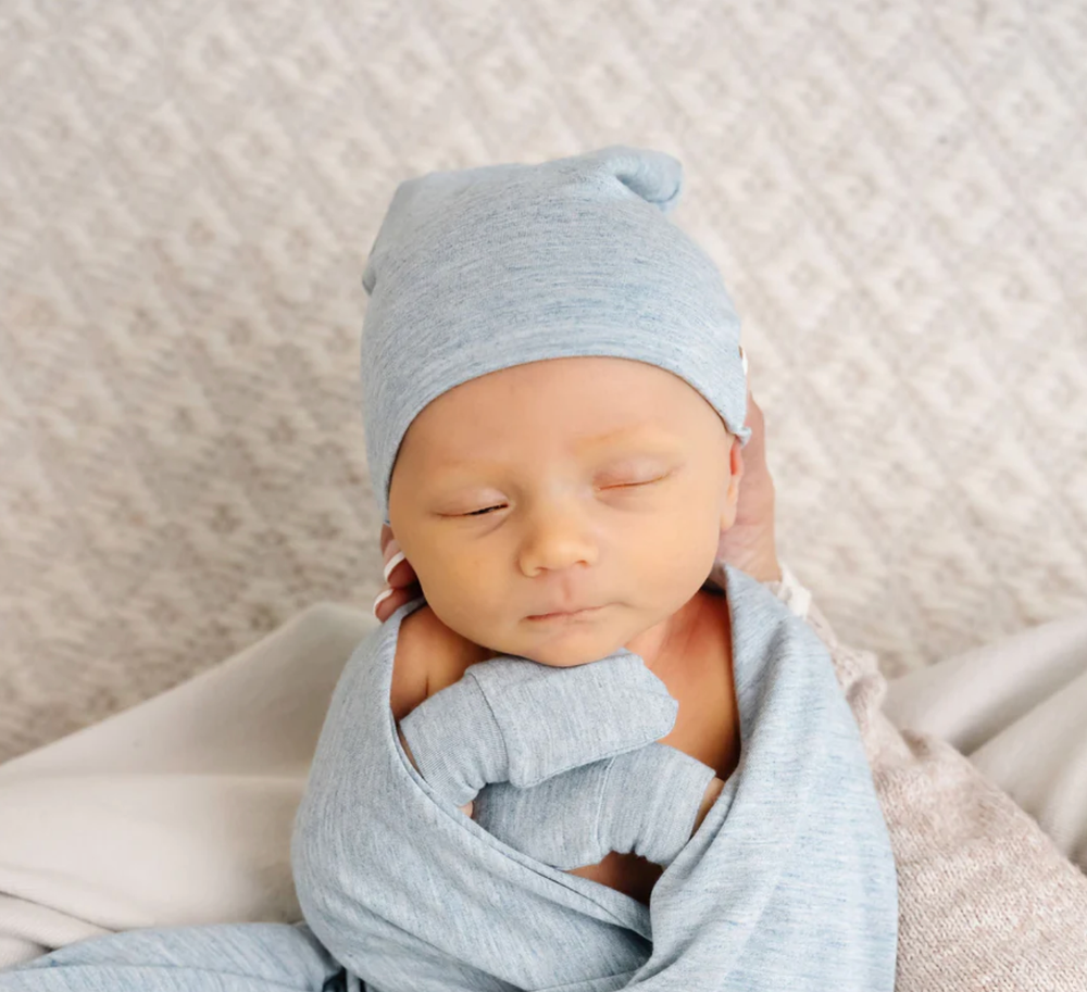 Lou Lou & Company infant top knot hat in crew heathered blue