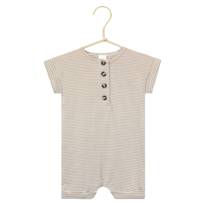 Lou Lou & Company short sleeve romper in tan with micro stripes