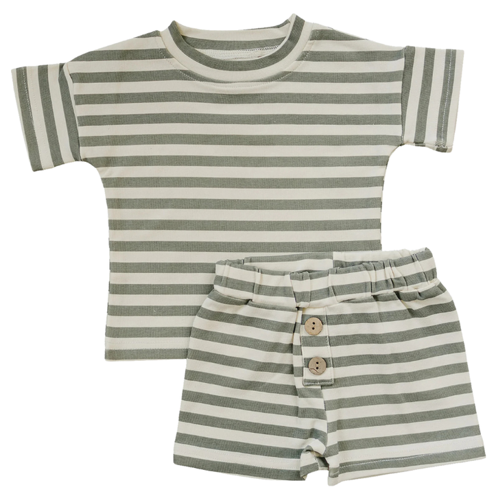Mebie Baby - Sage Stripe Button Short Set