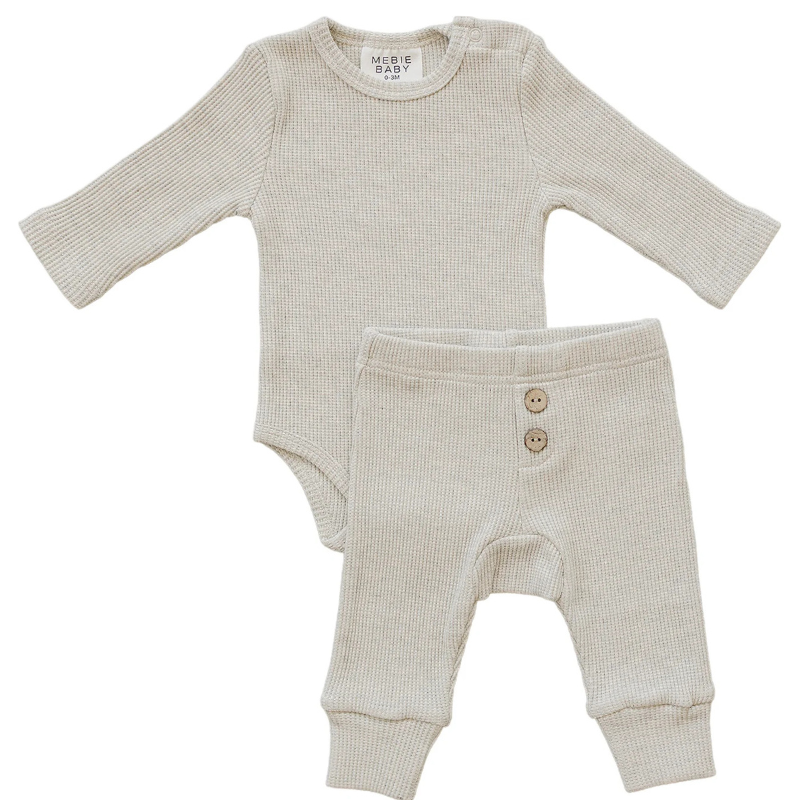 Mebie Baby Waffle onesie pants set in Heather Oatmeal