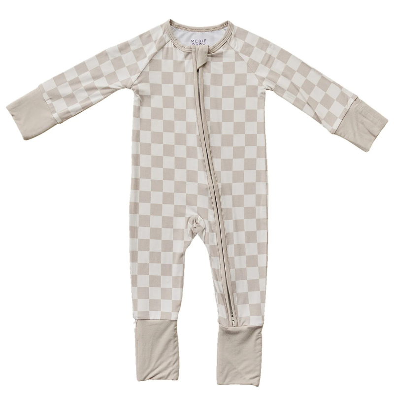 Mebie Baby checkered baby zip sleeper tan