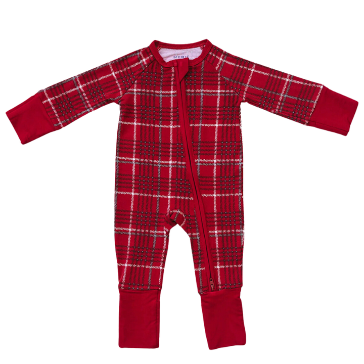 Mebie Baby red holiday plaid zipper romper