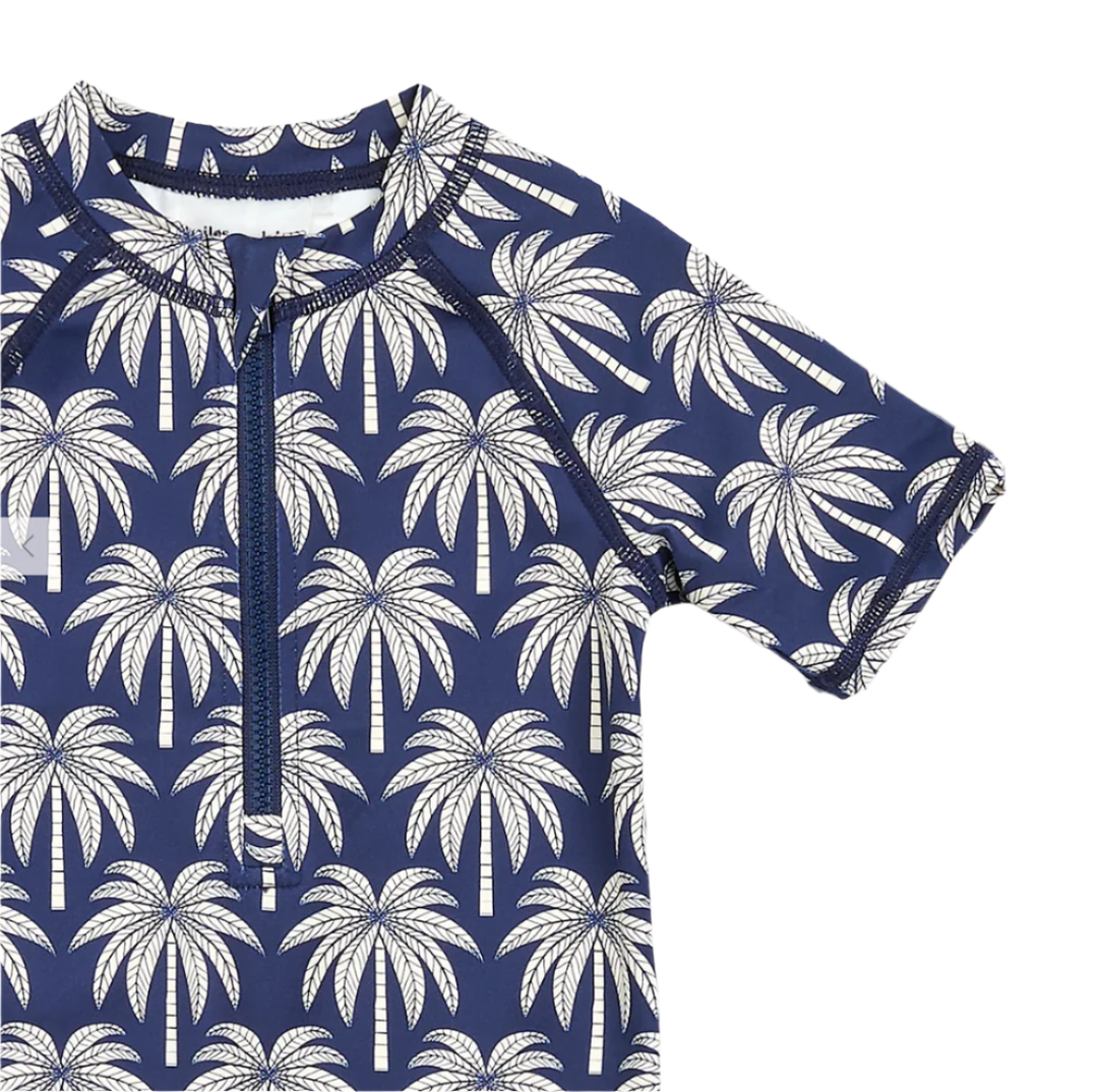 Miles baby palm tree print swim romper in navy