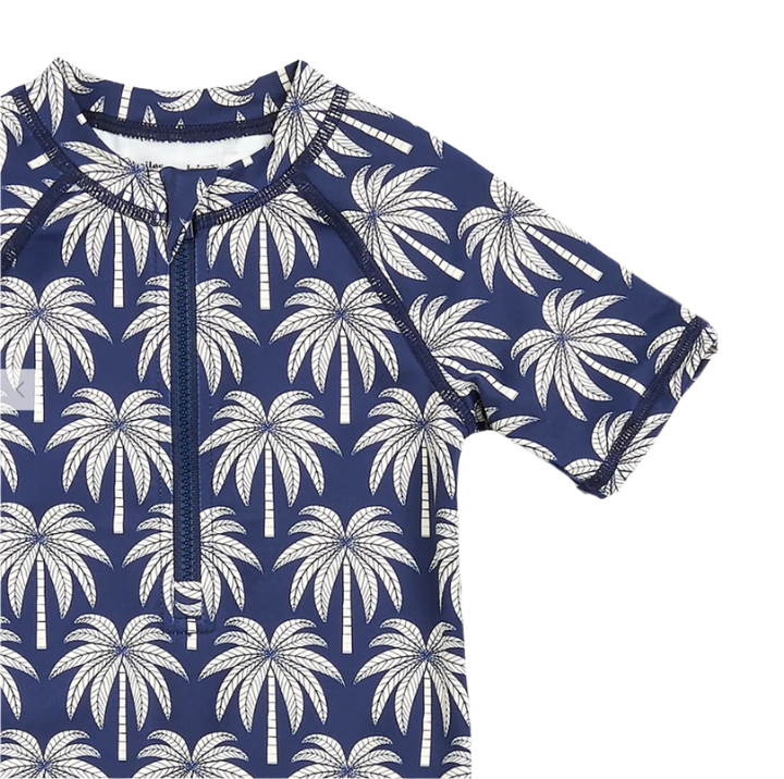 Miles baby palm tree print swim romper in navy