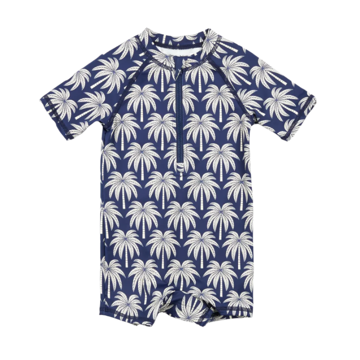 Miles palm tree print swim romper in navy
