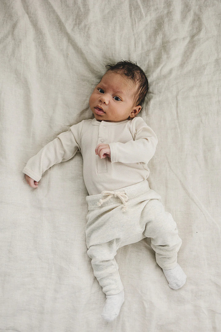 Mebie Baby - Organic Henley Long Sleeve Ribbed Onesie in Vanilla