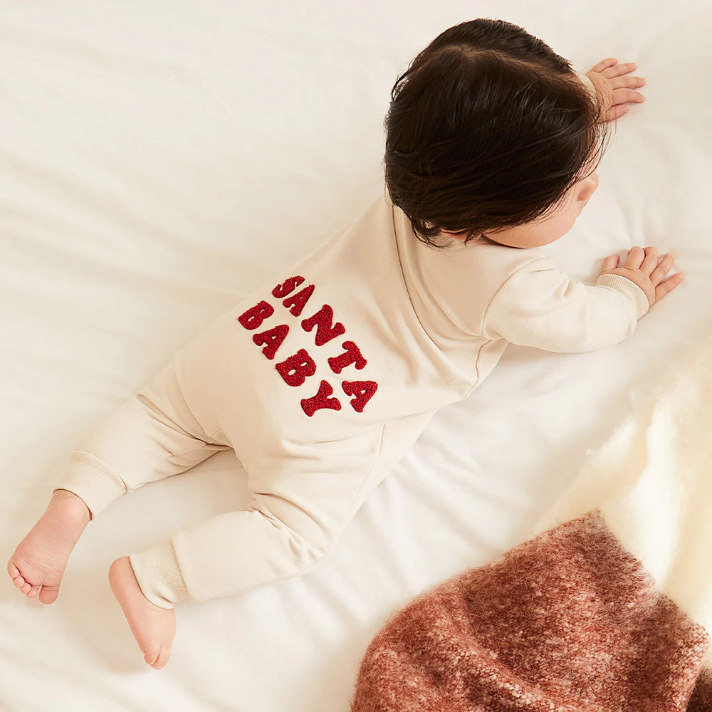 Petit Lem - Santa Baby Fleece Christmas Playsuit in Crème