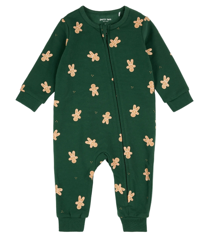 Petit Lem Gingerbread Man fleece playsuit in evergreen