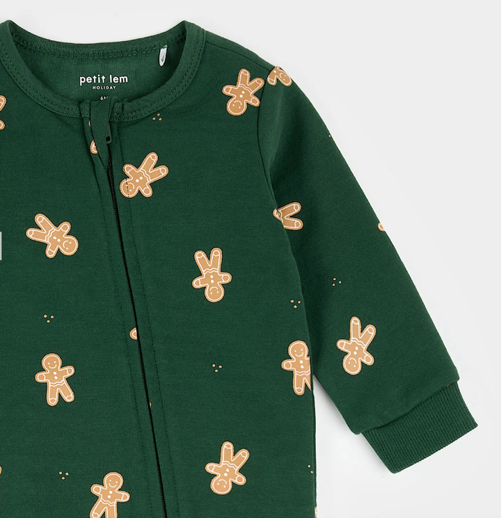 Petit Lem Gingerbread Man fleece playsuit in evergreen details