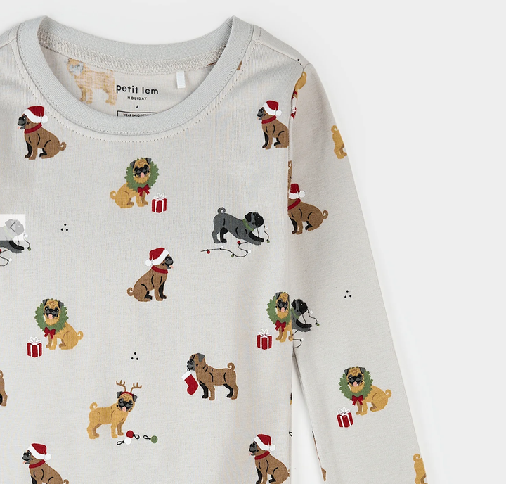 Petit Lem Holiday pugs kids pajama set close