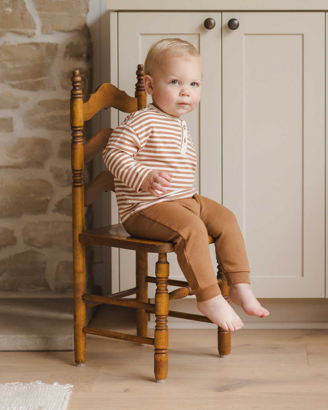 Quincy Mae - Long Sleeve Henley in Cinnamon Stripes