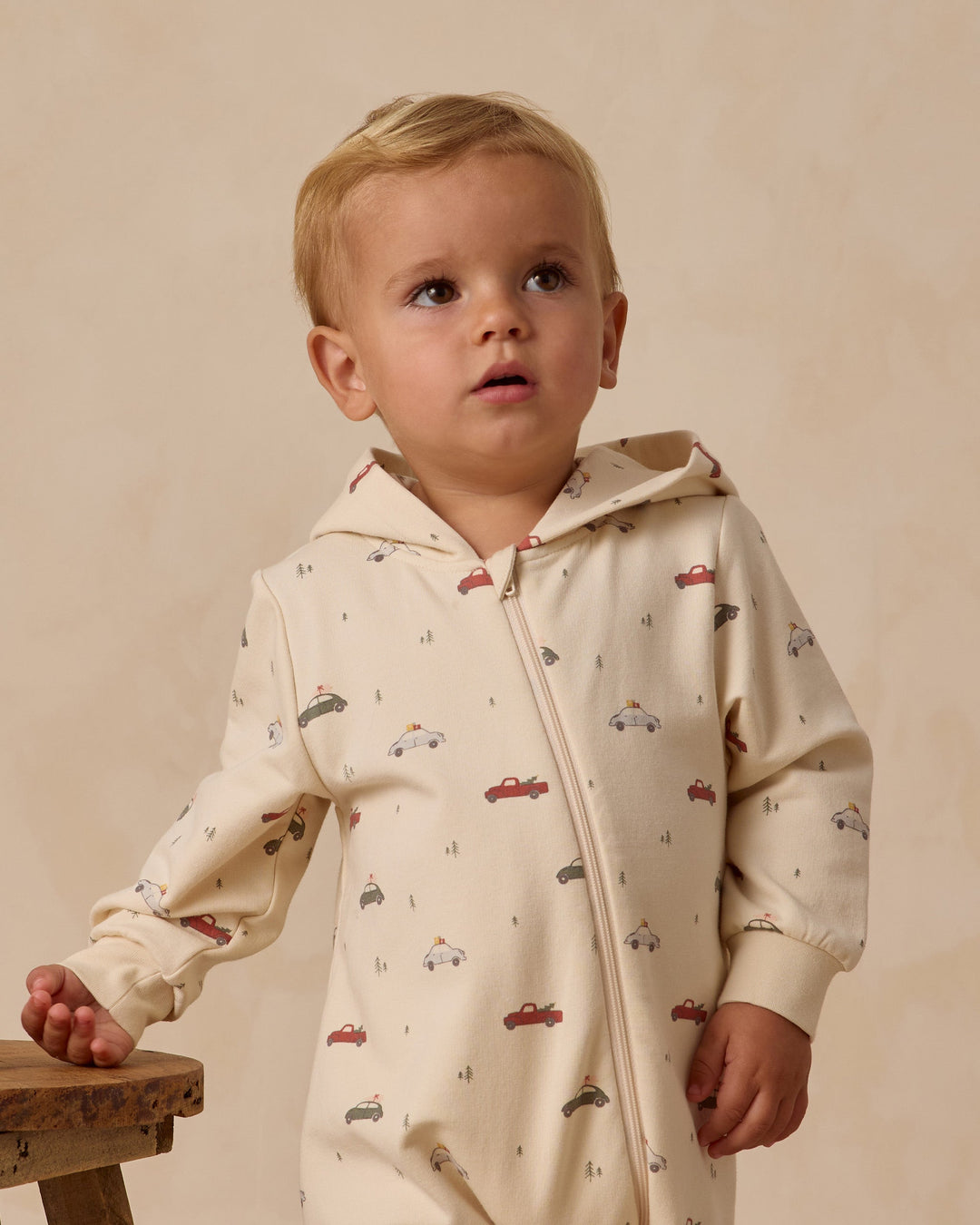 Quincy Mae - Holiday Cars Hooded Jumpsuit in Natural