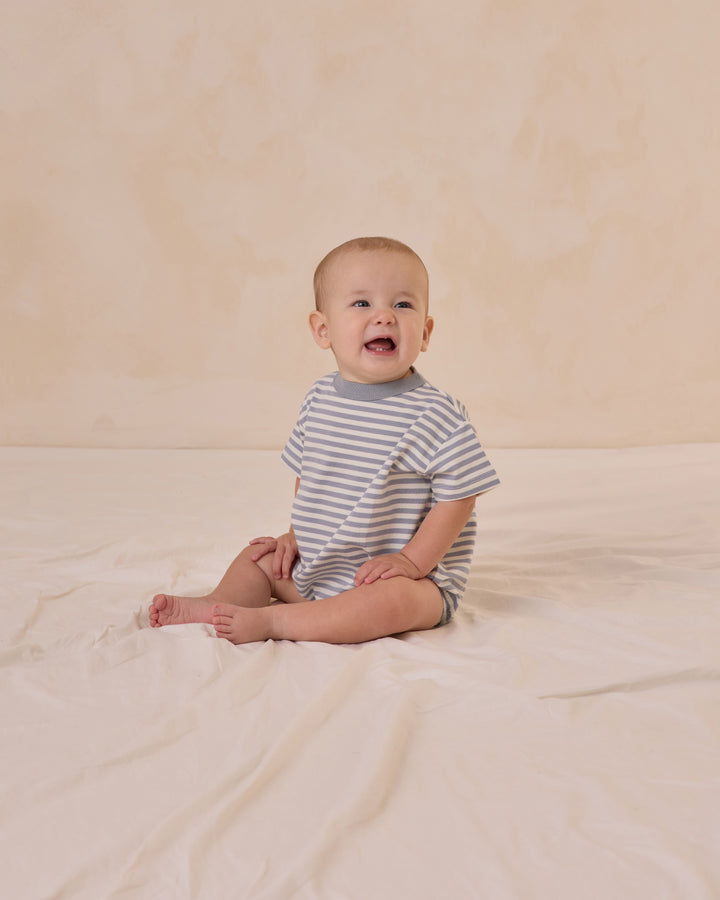 Quincy Mae - Pocket Tee and Short Set in Blue Stripe