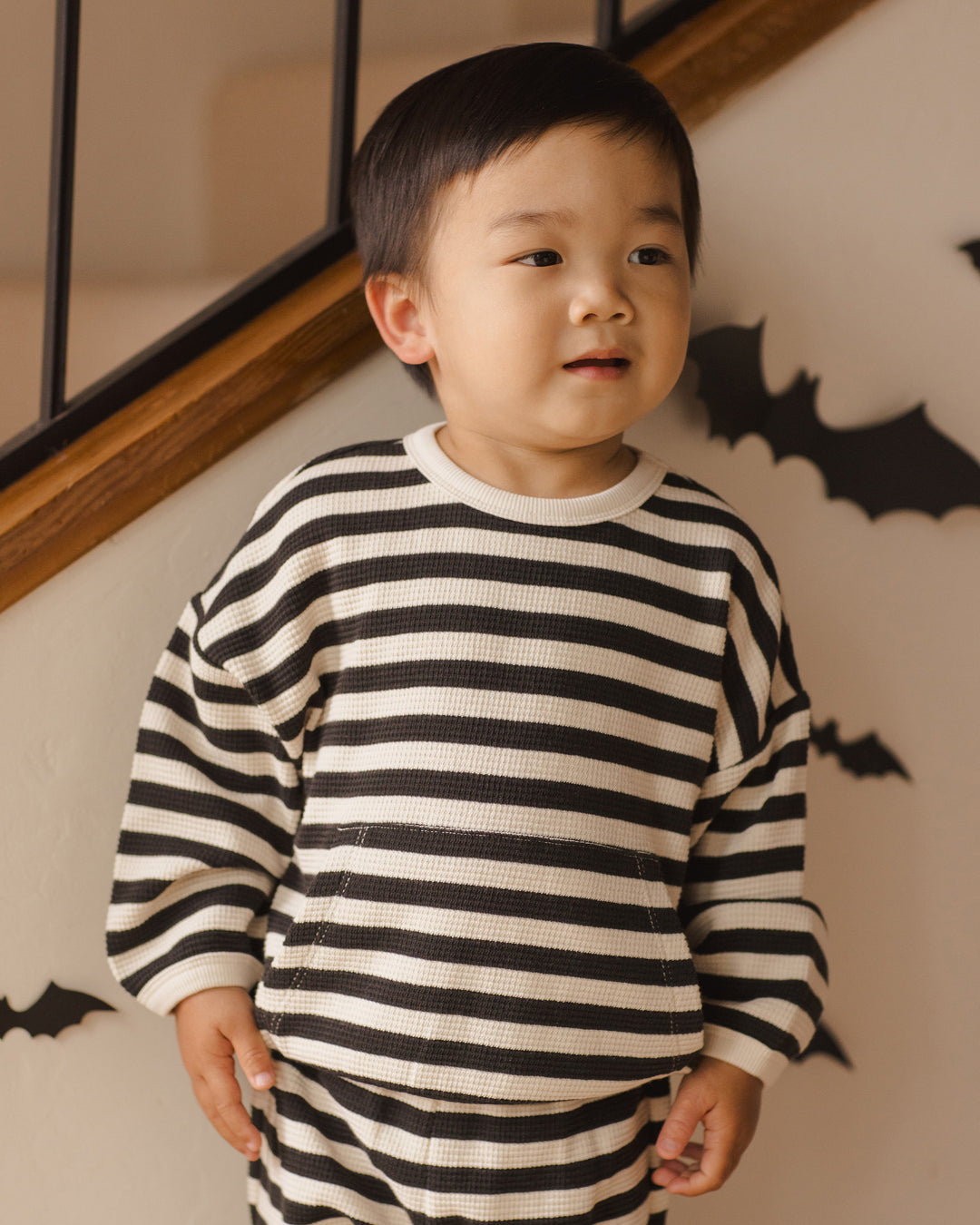 Quincy Mae - Waffle Slouch Set in Black Stripes (12-18mo)