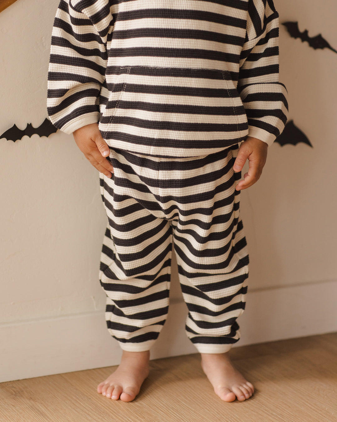 Quincy Mae - Waffle Slouch Set in Black Stripes