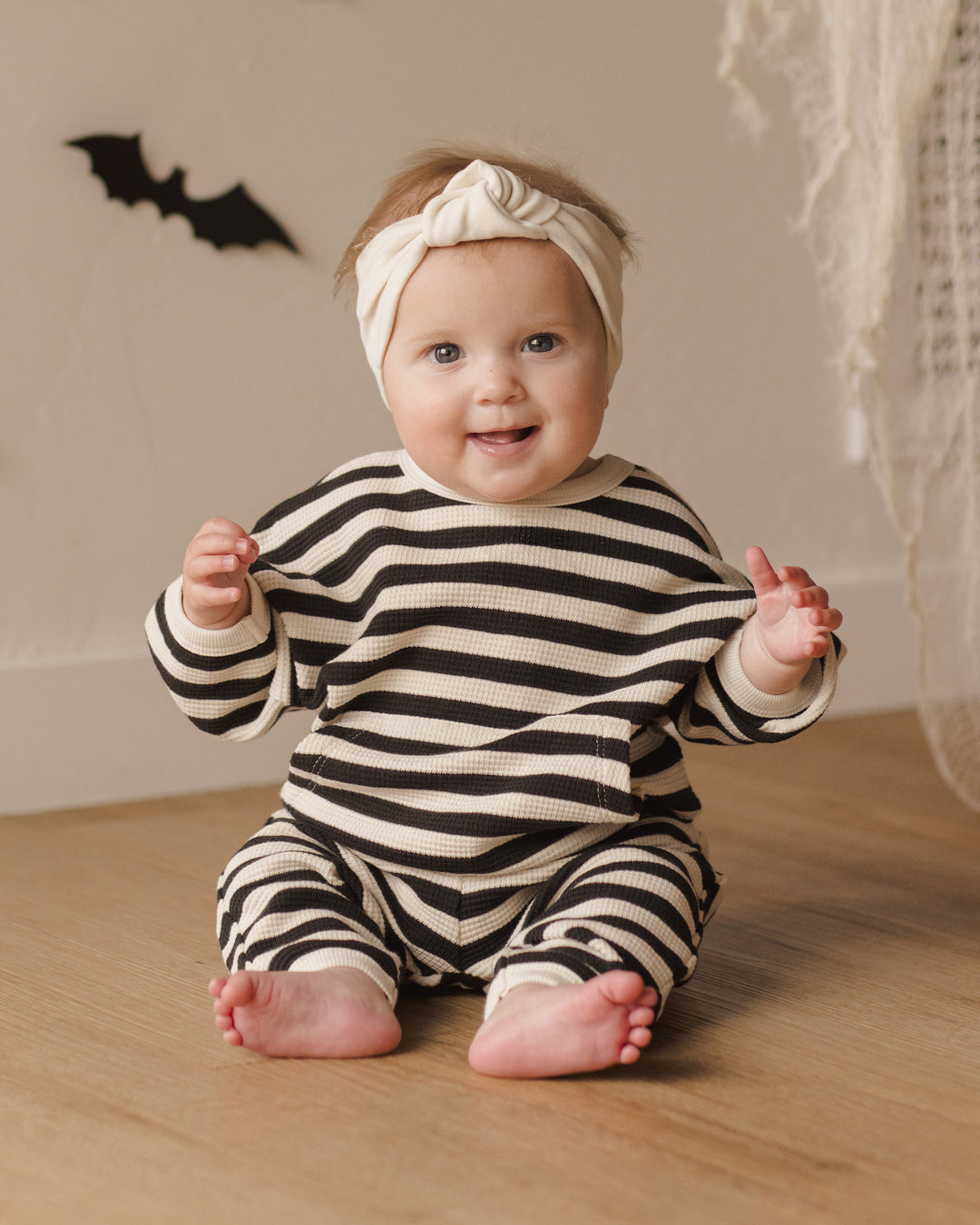 Quincy Mae - Waffle Slouch Set in Black Stripes (12-18mo)