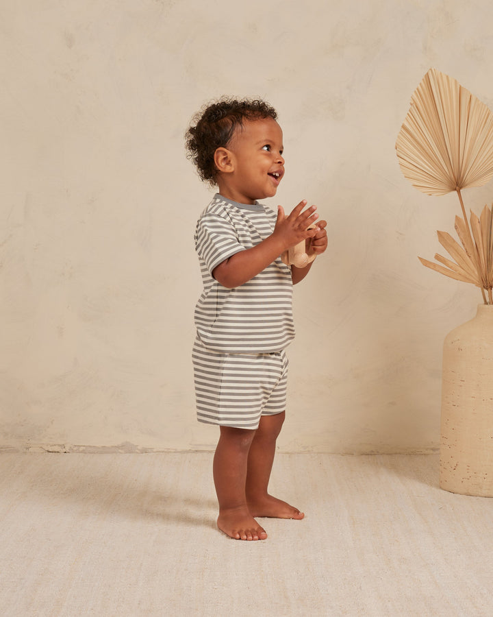 Quincy Mae - Boxy Pocket Tee and Short Set in Lagoon Stripe (6-12mo and 2/3)