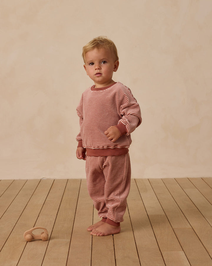 Quincy Mae - Baby Velour Relaxed Sweatshirt and Sweatpants in Candy Cane Stripe