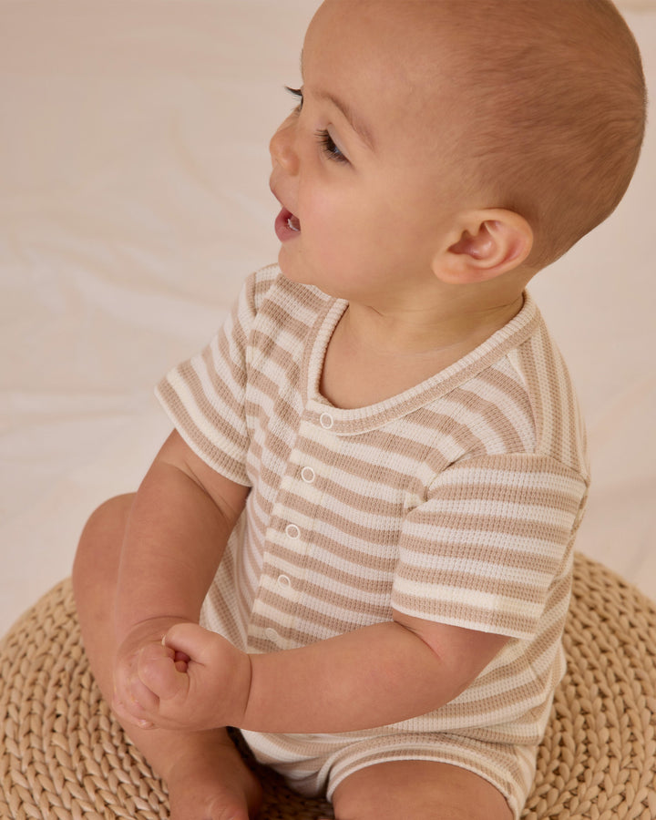Quincy Mae - Baby Waffle Snap Romper in Oat Stripe