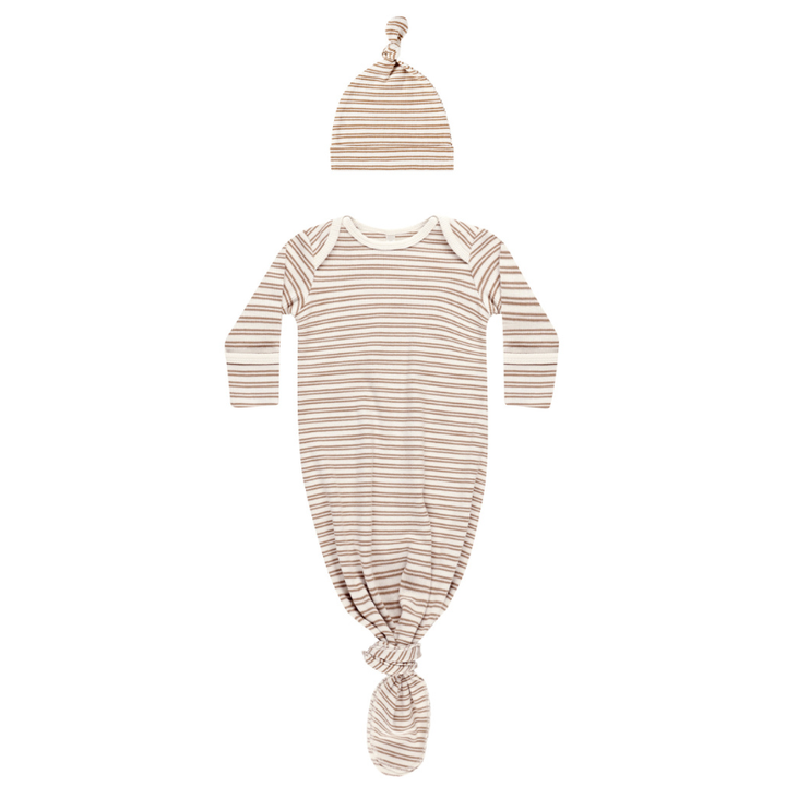 Quincy Mae - Knotted Baby Gown and Hat Set in Golden Stripe