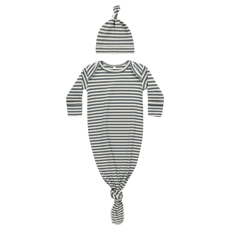 Quincy Mae - Knotted Baby Gown and Hat Set in Indigo Stripes