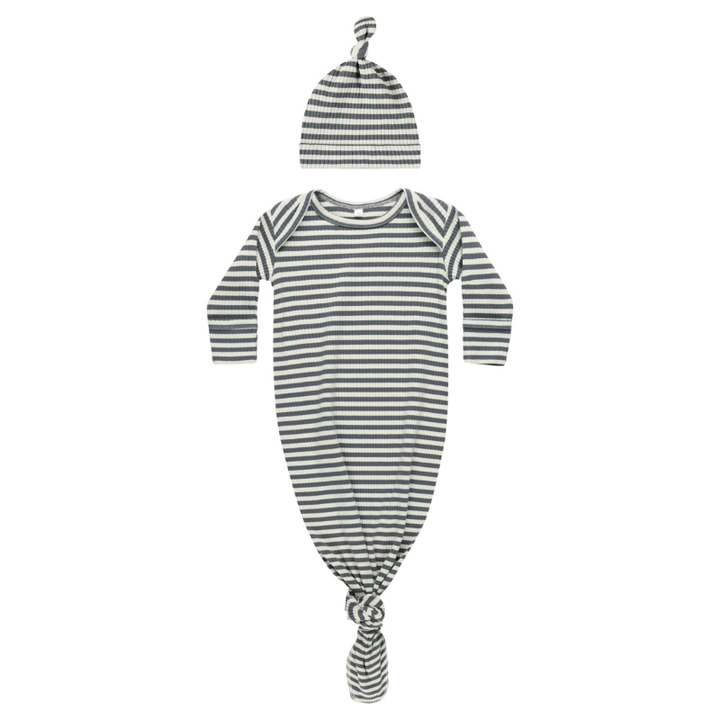 Quincy Mae - Knotted Baby Gown and Hat Set in Indigo Stripes