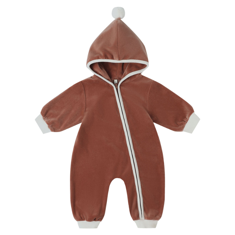 Quincy Mae - Velour Zip Hooded Jumpsuit in Cranberry