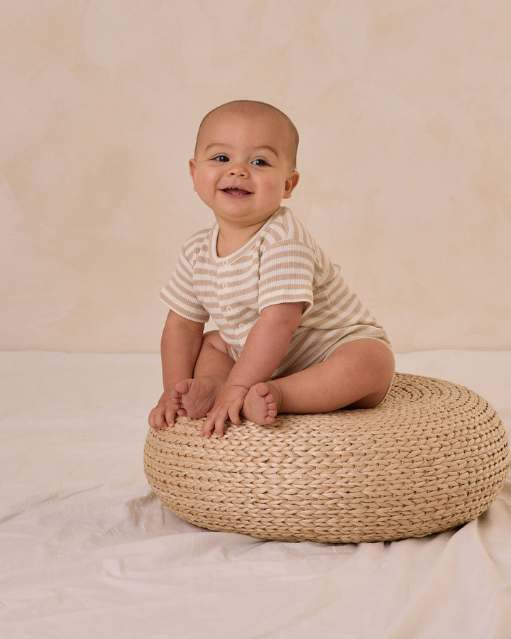 Quincy Mae - Waffle Snap Romper in Oat Stripe