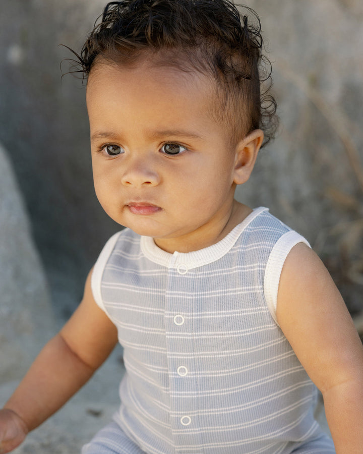Quincy Mae baby boy henley romper in blue stripes
