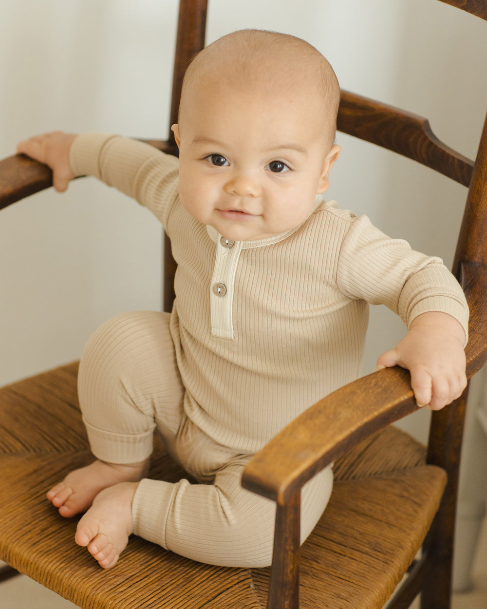 Quincy Mae baby ribbed henley latte