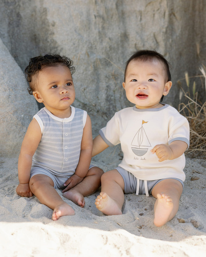 Quincy Mae boys henley romper in blue stripes