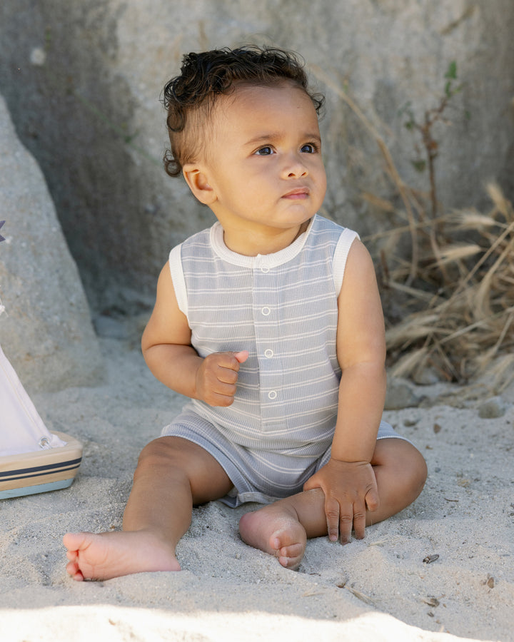 Quincy Mae henley romper in blue stripes