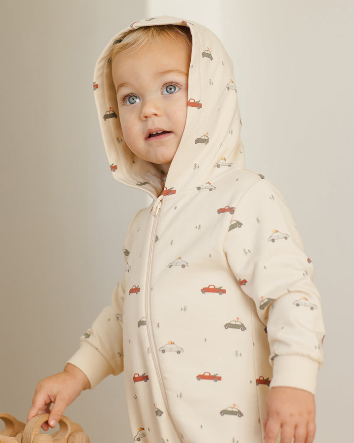 Quincy Mae hooded jumpsuit in holiday cars