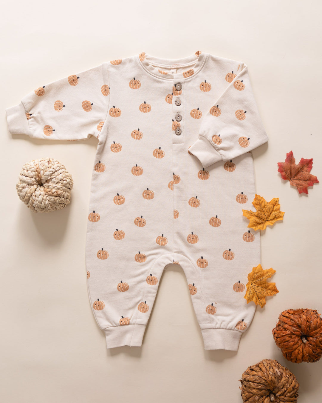 Quincy Mae pumpkins baby Halloween jumpsuit cream