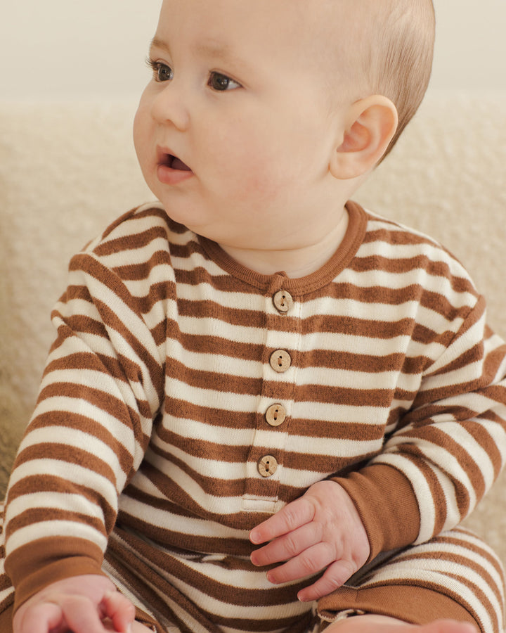 Quincy Mae relaxed baby romper with buttons in Cedar stripes