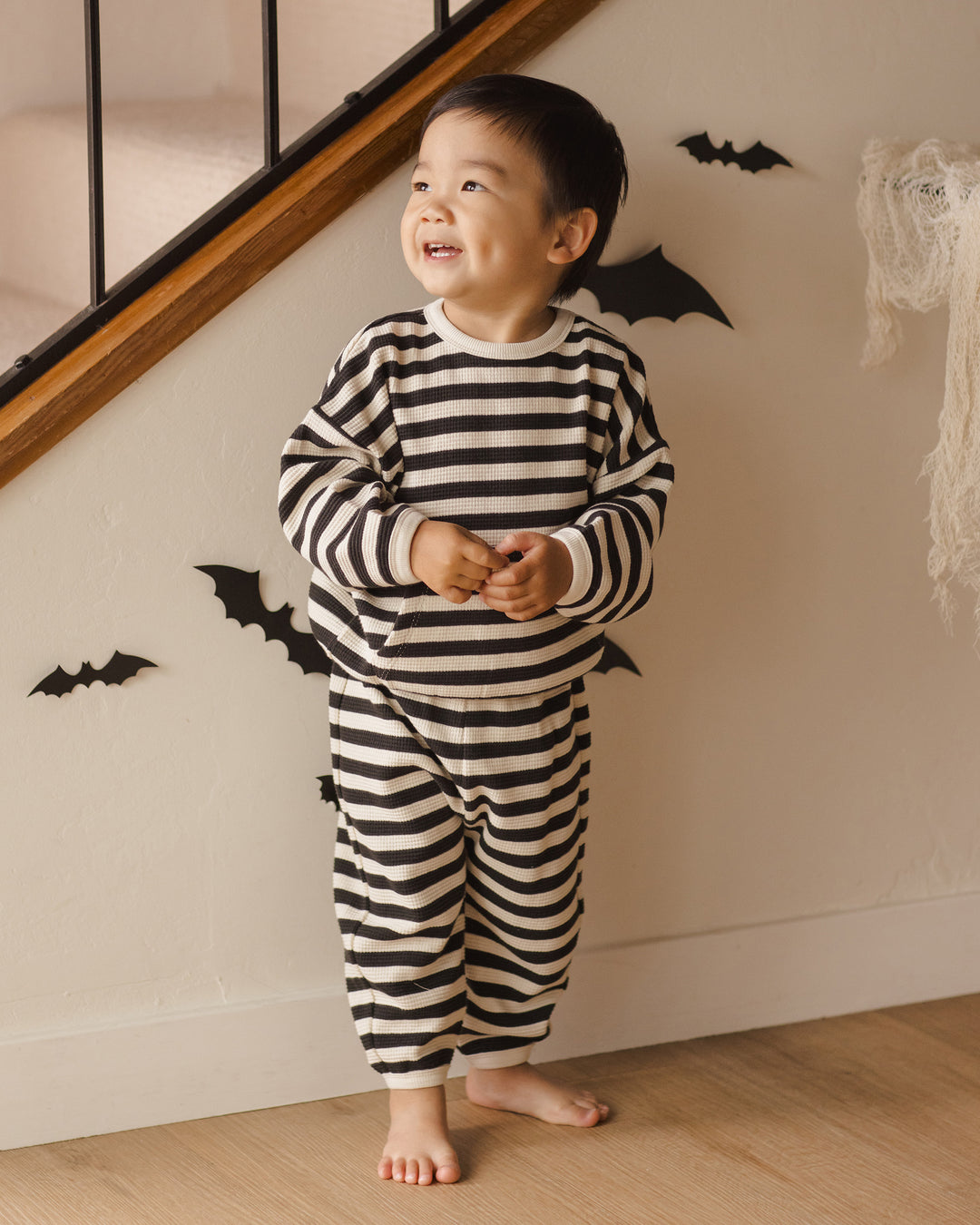 Quincy Mae waffle slouch set black stripes