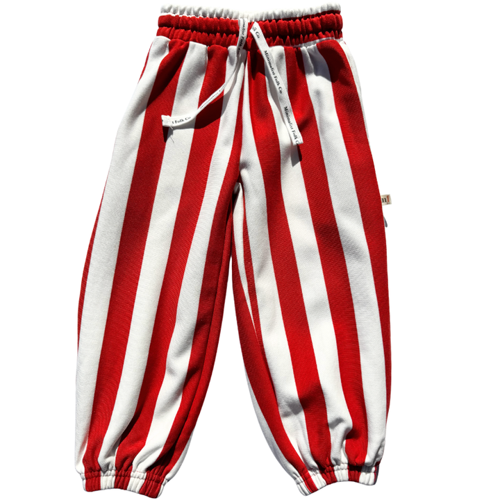 Red and white striped baggy joggers for kids