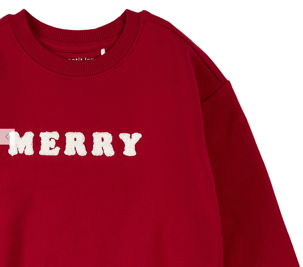 Red sweatshirt with 'MERRY' 