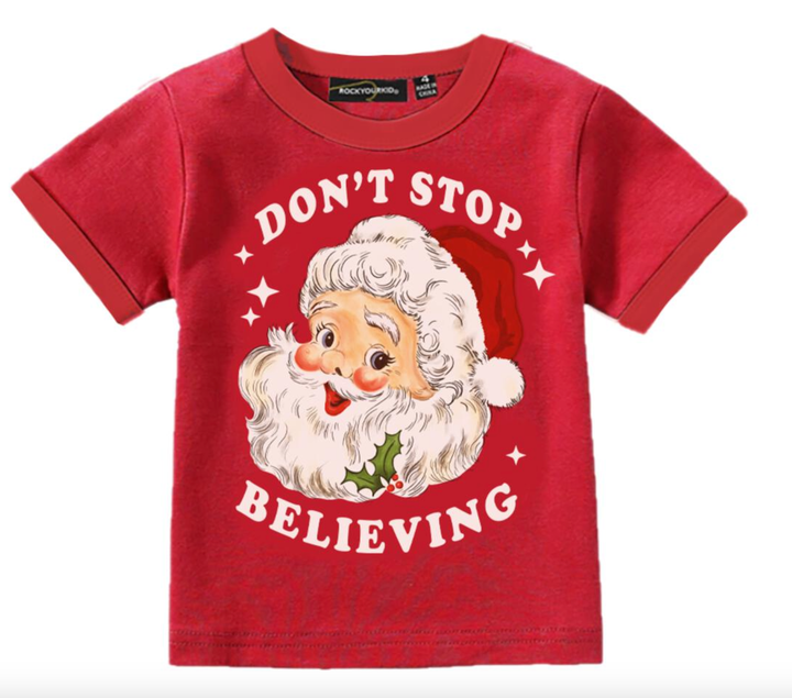 Rock Your Kid Don't Stop Believing Santa tee