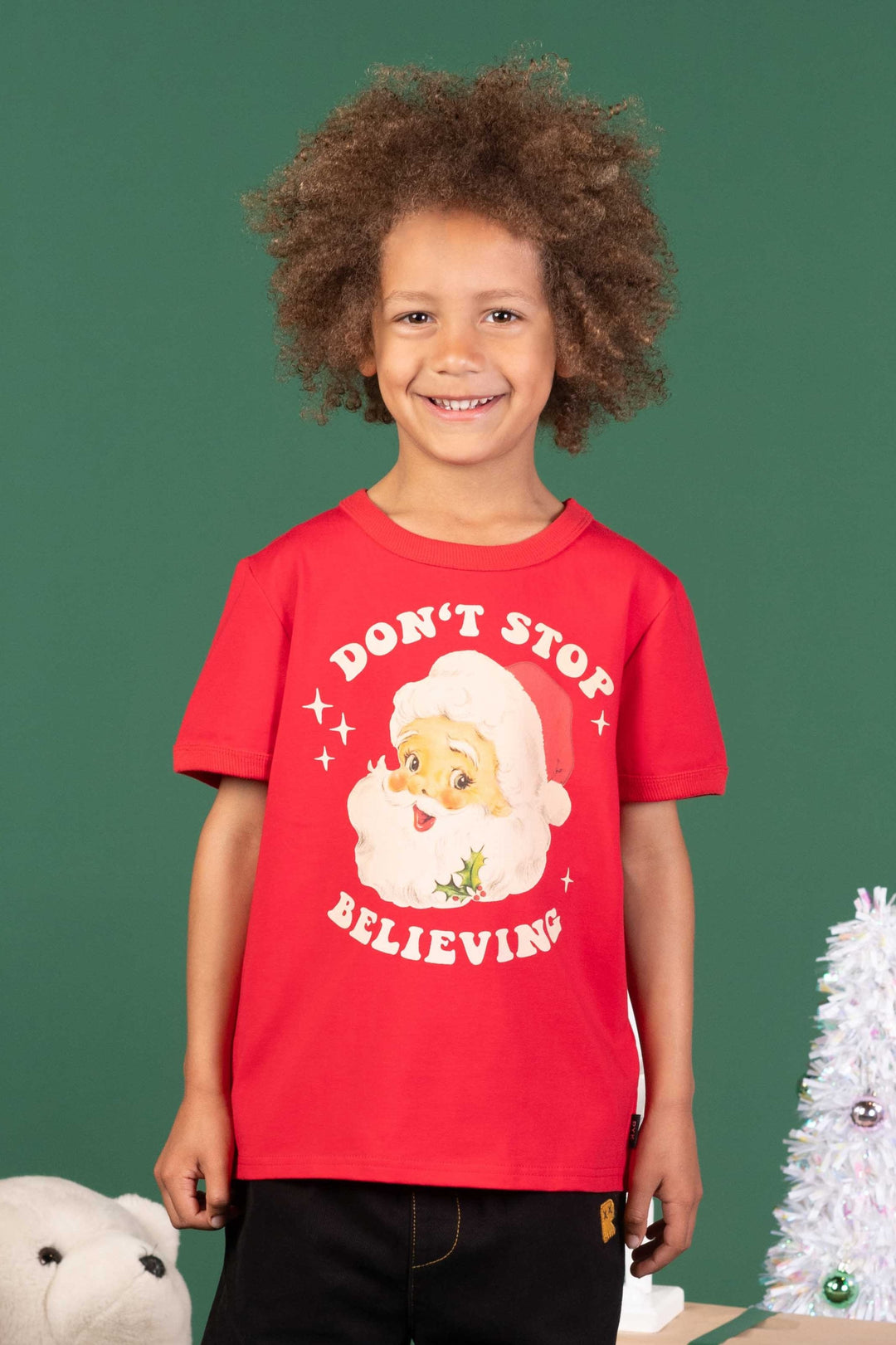 Rock Your Kid Don't Stop Believing Santa tee in red