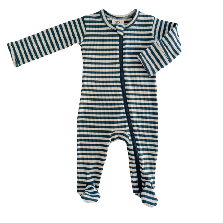 SIIX - Organic Ribbed Two-Way Zip Footie in Steel Blue Stripes